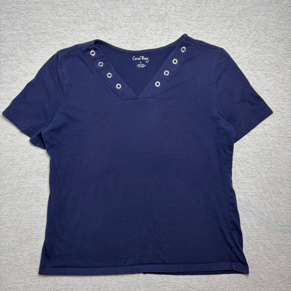 Coral Bay Womens T-Shirt Large Navy Blue Grommet V-Neck Short Sleeve‎ Cotton Top